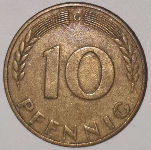 1950 G - 10 PFENNIG - TEN PFENNIG - GERMANY - FEDERAL REPUBLIC - (Brass Clad Steel) KM# 108